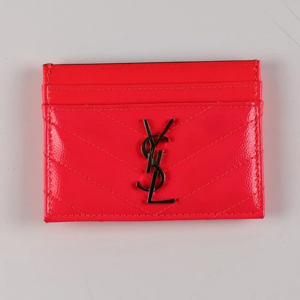 Saint Laurent Card Holder Cassandre Monogram Neon Pink Leather MSRP $380